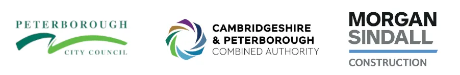 Sponsor logos - Peterborough City Council, Cambridgeshire and Peterborough Combined Authority and Morgan Sindall Construction