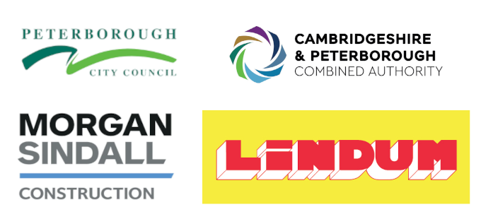 Sponsor logos - Peterborough City Council, Cambridgeshire & Peterborough Combined Authority, Morgan Sindall construction, and Lindum