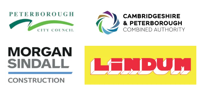 Sponsor logos - Peterborough City Council, Cambridgeshire & Peterborough Combined Authority, Morgan Sindall construction, and Lindum